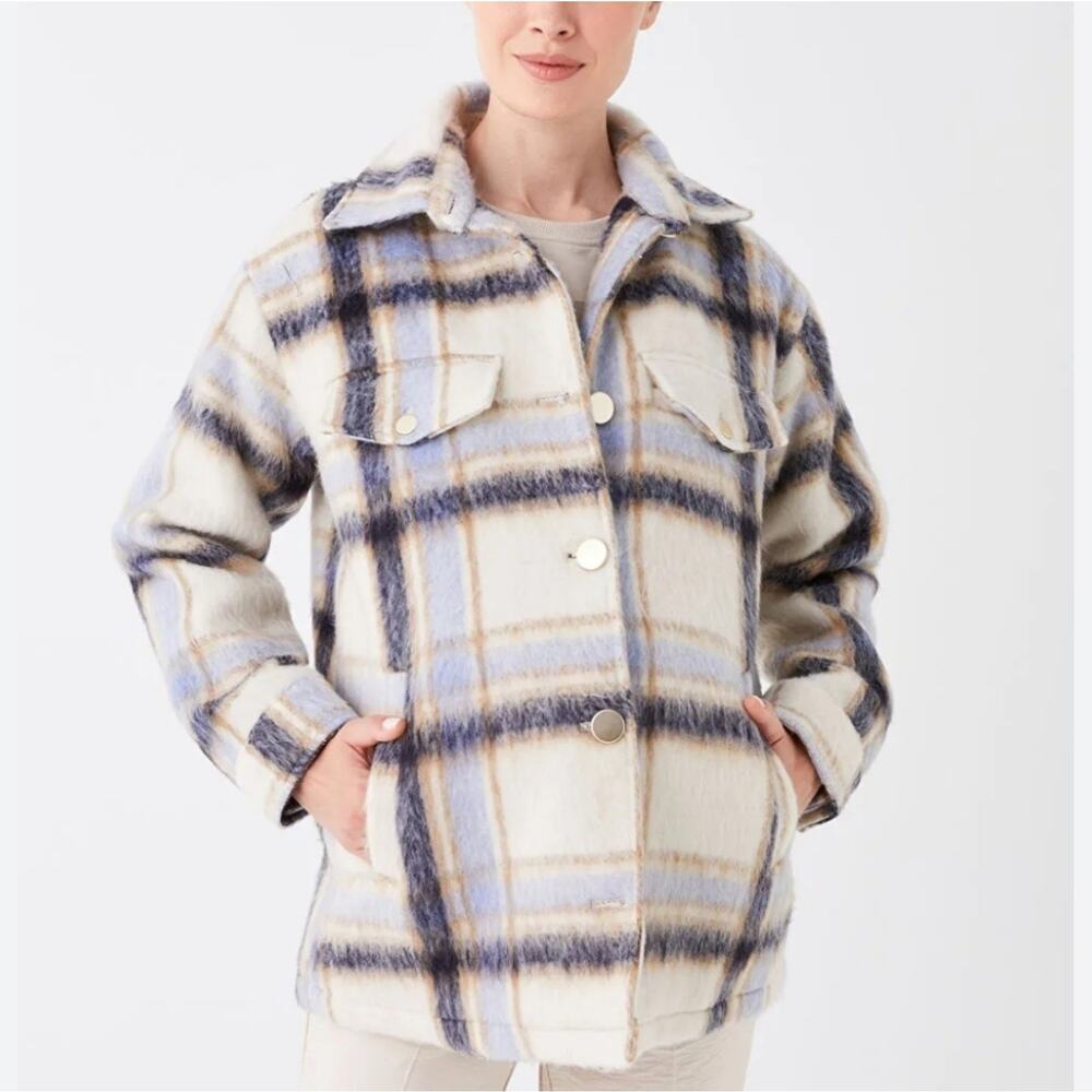 Avec Les Filles Oversized Plaid Shacket Jacket Coat Shirt Jacket Blue Cream 2X